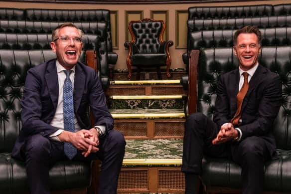Politics tamfitronics A beautiful bromance: Extinct Liberal premier Dominic Perrottet (left) and Labor Premier Chris Minns in the NSW Legislative Meeting.