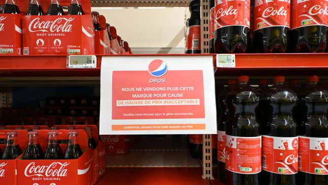 business new tamfitronics A signal on a Carrefour soda shelf reading in French: 'We no longer promote this brand attributable to unacceptable trace will enhance'