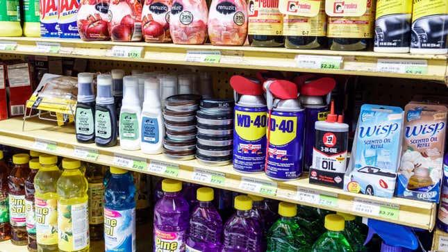 business new tamfitronics A hardware retailer shelf that includes WD-40 among varied cleaners and other family devices.