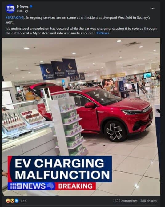 FAKE NEWS: A BYD did NOT explode in a Sydney Westfield at the original time as reported by 9 News