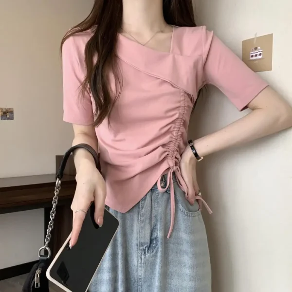 Kf S08e1c62f3ee648f2816741c4f787a7f5f Cotton Drawstring Short Korean Plain Shoulder Sleeve T Sleeve Women Summer Sweet And Spicy Design Sense