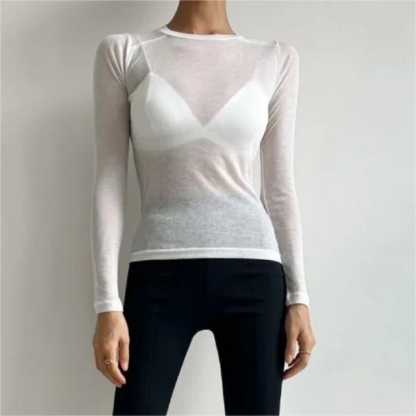Kf S371f9bdb630d467fb4b0d926a60ee2f3e O Neck Solid T Shirt Women Basic T Shirts Female Casual Tops Long Sleeve See Through