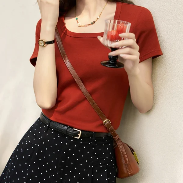 Kf S6e09e9e8f64a4c52b26a970d50796cc27 Mishow Multi Color Square Neck Tees Short Sleeve Solid Color T Shirt For Women 2024 Spring