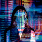code projected over woman