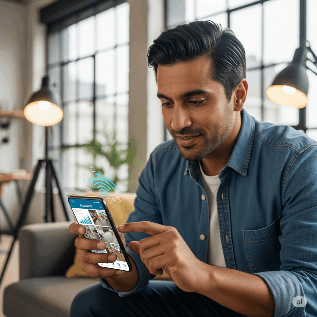 Image: A business owner using their smartphone to remotely monitor their business operations