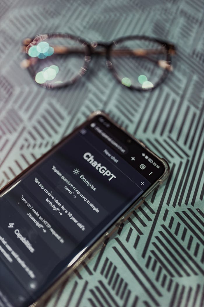 about-us Smartphone with ChatGPT app interface next to eyeglasses on patterned surface.