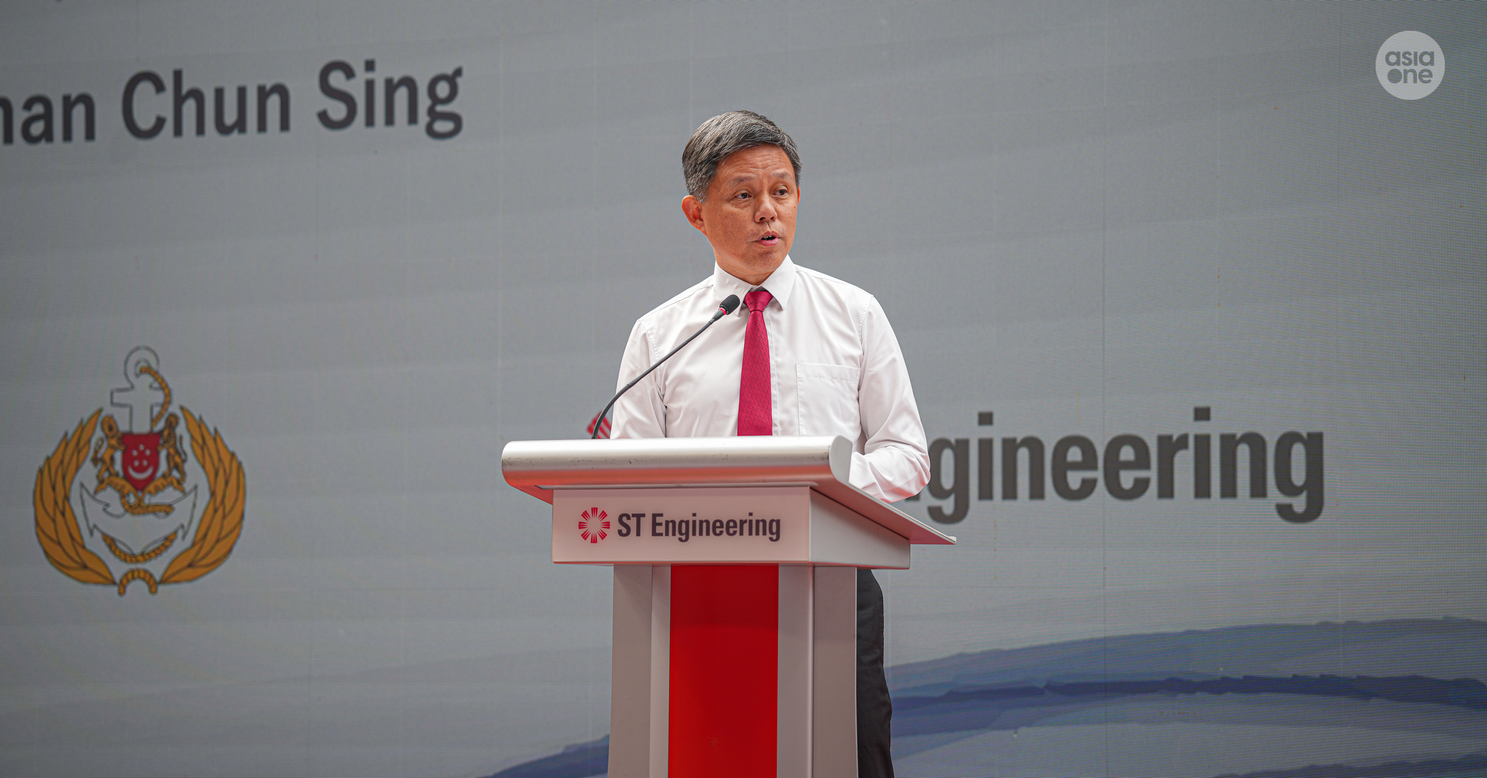 Defence Minister Chan Chun Sing speaking at the launch of MRCV Victory on Tuesday (Oct 21). 