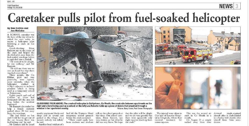 The 'Irish Examiner' report on September 19, 2008, of the crash the previous day at Bettystown Co Meath of a helicopter owned by Paddy Byrne's company, Barrack Construction Ltd. The 'Irish Examiner' report on September 19, 2008, of the crash the previous day at Bettystown Co Meath of a helicopter owned by Paddy Byrne's company, Barrack Construction Ltd.
