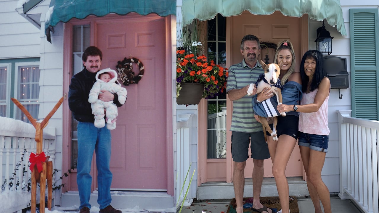 Lifestyle side by side photo of childhood picture and recent photo of family