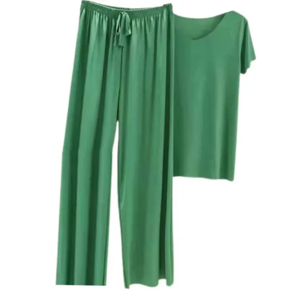 2 Pcs Set Women T Shirt Pants Set Pleated Wide Leg V Neck Short Sleeves Loose.jpg