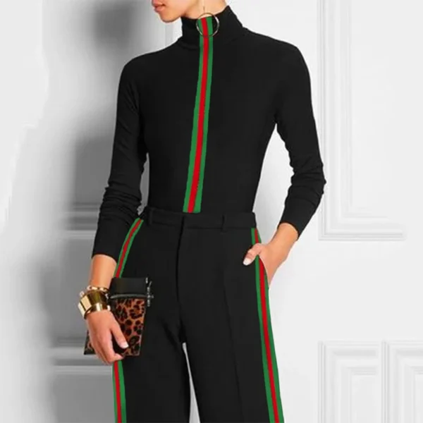 2024 Autumn Women S Skinny 2 Piece Set Long Sleeves High Neck Tops Contrast Colour Striped.jpg