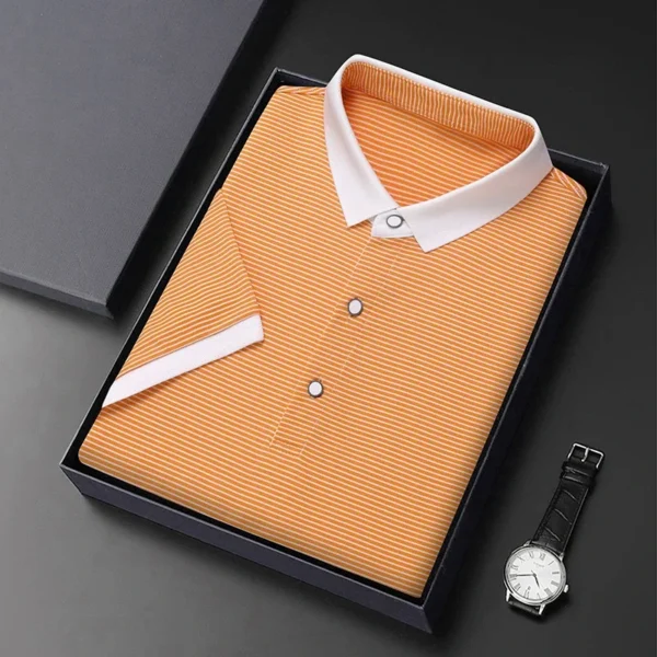 2024 Men S New Striped Cotton Business Casual Short Sleeved Polo Shirt Fashion Short Sleeved Comfortable.jpg
