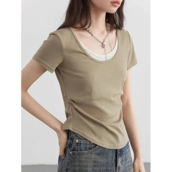 Chic Ven Women T Shirts New U Neck Contrasting Color Pleated Female Tees Short Sleeved Woman.jpg