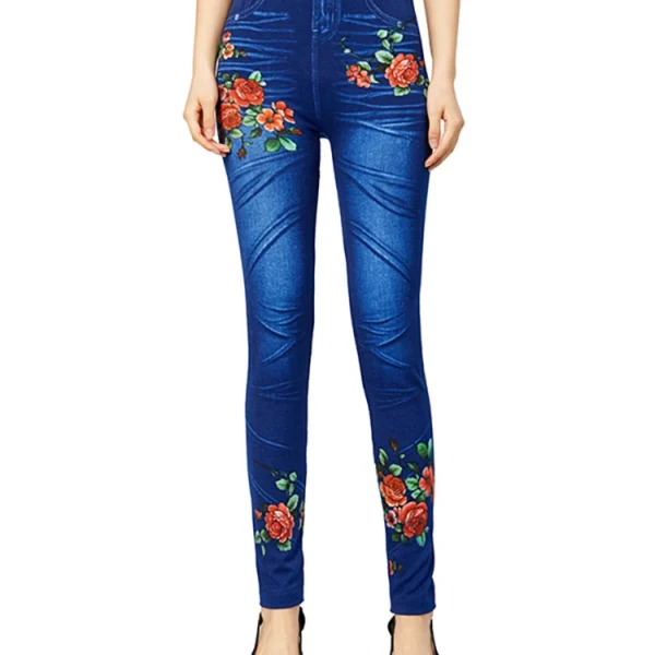 Cuhakci New Blue Faux Jeans Women Floral Printing Leggings Slim Fit Elegant Pencil Pants Plus Size.jpg