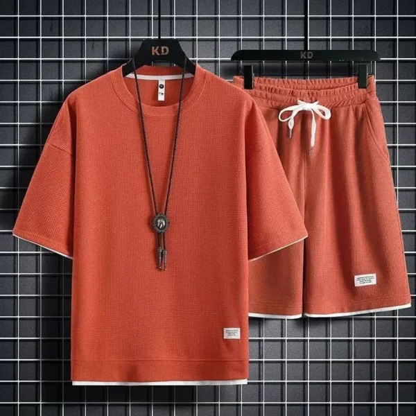 Casual Sports Suit For Men Summer Ice Cool Trendy Loose Fit Checked Short Sleeve Shorts Stylish.jpg