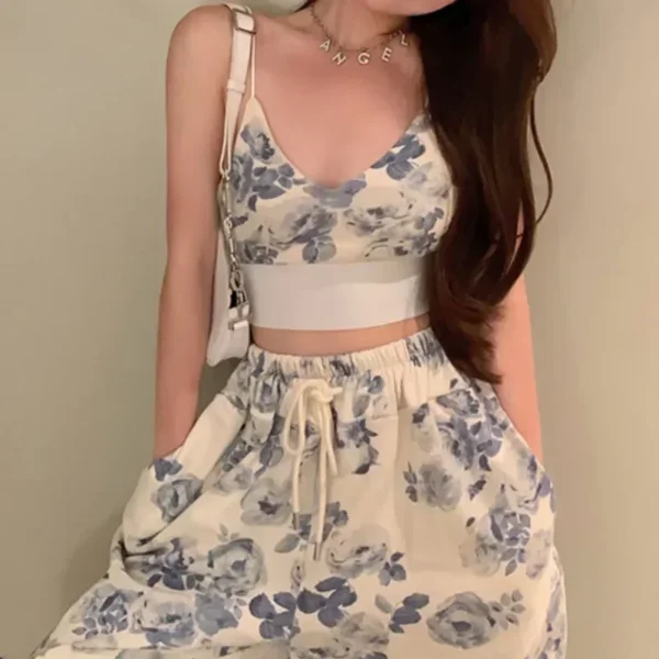 Korea 2 Piece Sets Womens Outifits Summer Clothes 2024 Floral V Neck Spaghetti Strap Camisole And.jpg