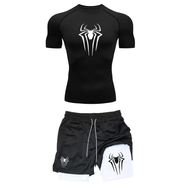 Men S Workout Compression Set Y2k Spider Printed Gym Tshirts Breathable Running Shorts Quick Dry Sports.jpg