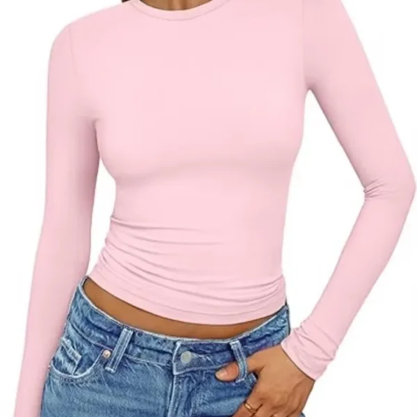 Pink Long Sleeve T Shirt Women 2024 Summer Tshirt White Crop Top Ladies Sexy Slim O.jpg