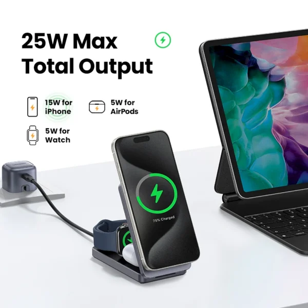 ugreen 3 in 1 mfi 25w magnetic wireless charger stand qi2 charging for iphone 16 pro max/airpods 4 for magsafe fast charger