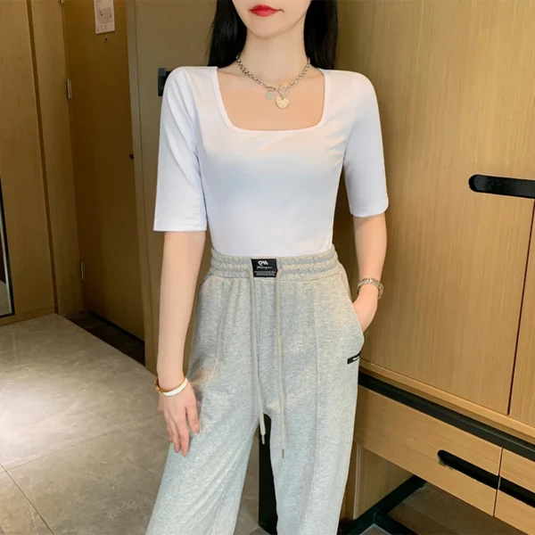Square Neck Medium Sleeve Slimming Top Temperament Simple Inner Peplum Slimming Split Sleeve Bottom Shirt Outerwear.jpg