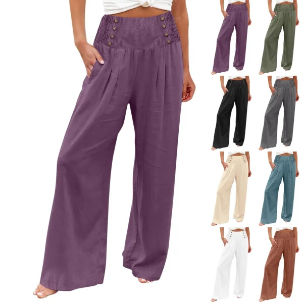 Summer Cotton Linen Wide Leg Pants Women Loose Palazzo Pant Pocket Elastic Waist Button Casual Pants.jpg