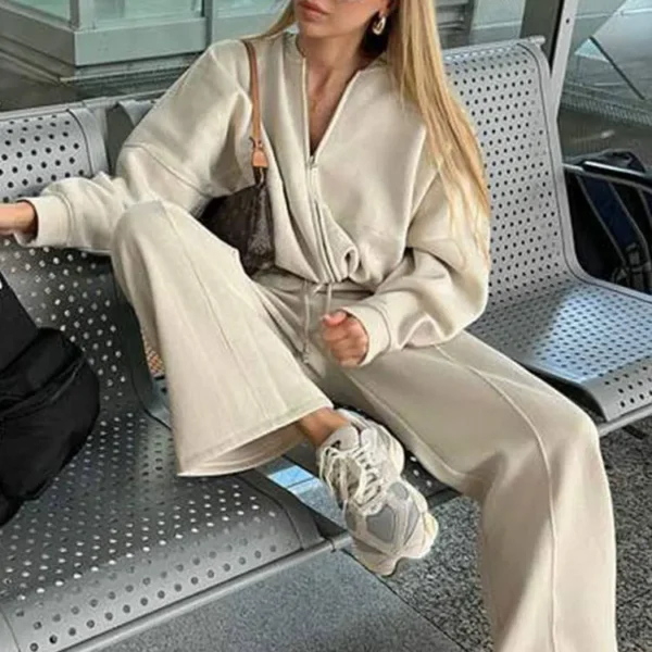 Trafza Women S 2 Piece Retro Solid Color Zipper Bomber Jacket Sweatshirt High Waisted Lace Up.jpg