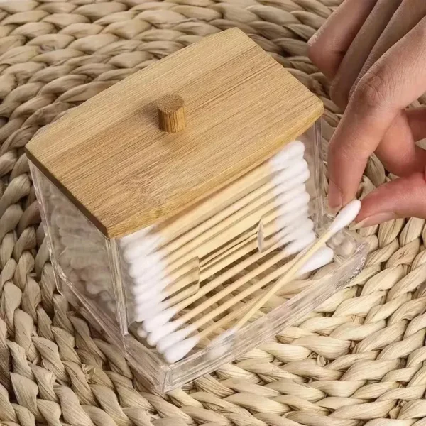 Transparent Cotton Swab Storage Box Double Head Cotton Buds Container Square Bamboo Cover Cotton Swab Toothpick.jpg