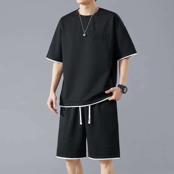 Waffle Summer Oversized Casual Short Sleeved Trendy Set For Men Breathable And Versatile Handsome And Loose.jpg