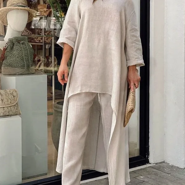 Women S Cotton Linen Long Pants Sets Fashion Solid Casual Irregular Tops Wide Leg Pant Suits.jpg
