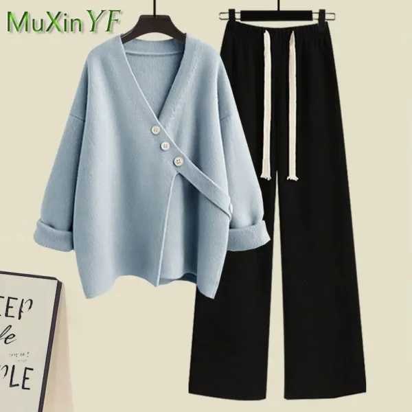 Women S Spring Autumn New Casual Matching Set Korean Elegant Irregular Knit Sweater Loose Wide Leg.jpg