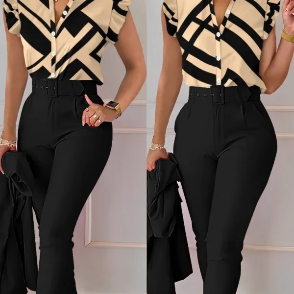Womens Elegant Slim Two Piece Sets Summer Fashion Print V Neck Button Flying Sleeve Shirt Top.jpg