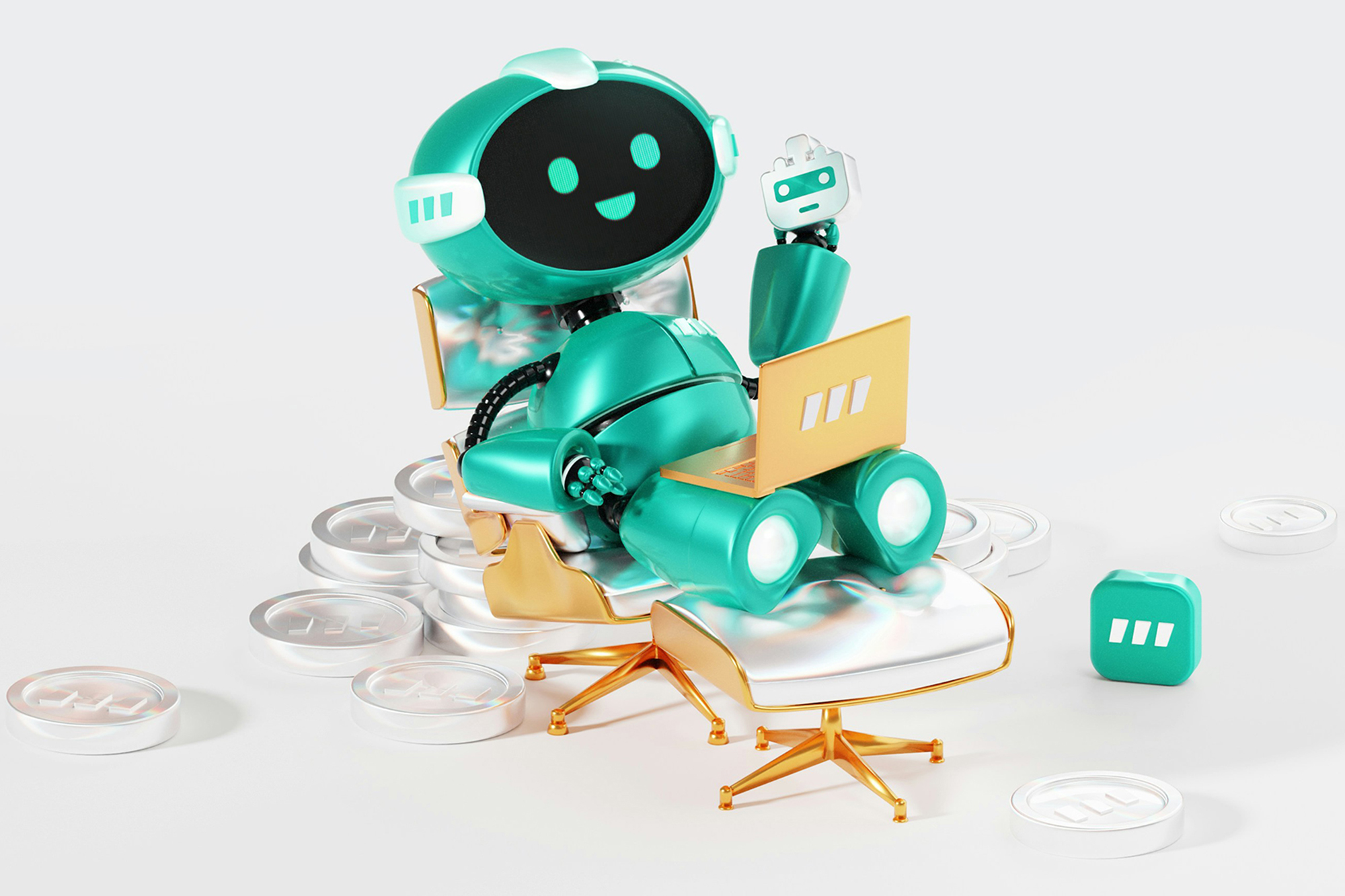 A metallic green reclining robot surfing internet listings on a laptop