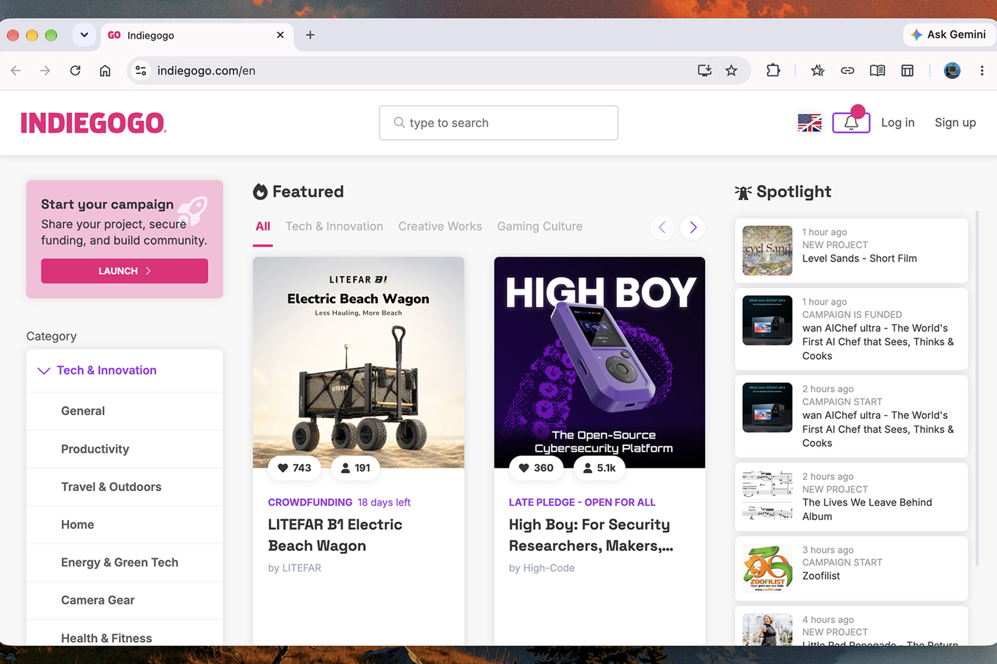 A screenshot of Indieagogo projects you can back