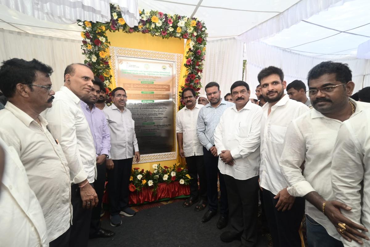 Municipal Administration Minister P. Narayana, Visakhapatnam South MLA Ch. Vamsikrishna Srinivas, District Collector M. Abhishikth Kishore and GVMC Commissioner Ketan Garg lay the foundation stone for the slum redevelopment project at Velampeta in Visakhapatnam on Wednesday. Municipal Administration Minister P. Narayana, Visakhapatnam South MLA Ch. Vamsikrishna Srinivas, District Collector M. Abhishikth Kishore and GVMC Commissioner Ketan Garg lay the foundation stone for the slum redevelopment project at Velampeta in Visakhapatnam on Wednesday.